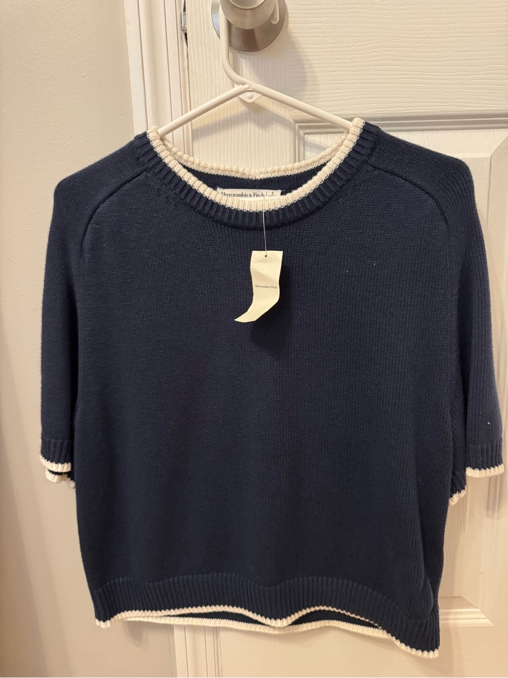 Abercrombie & Fitch Navy Crewneck Sweater with Cream Trim